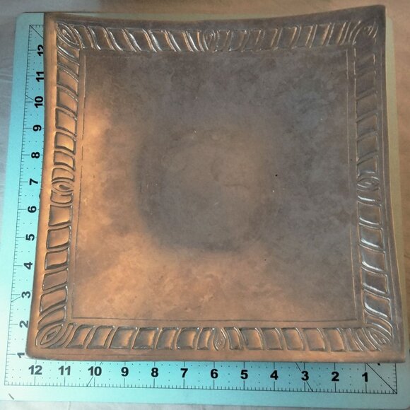 Square Metal Serving Tray Bowl Carved Border Aztec Design Elegant Lodge 11 inch - Picture 3 of 4
